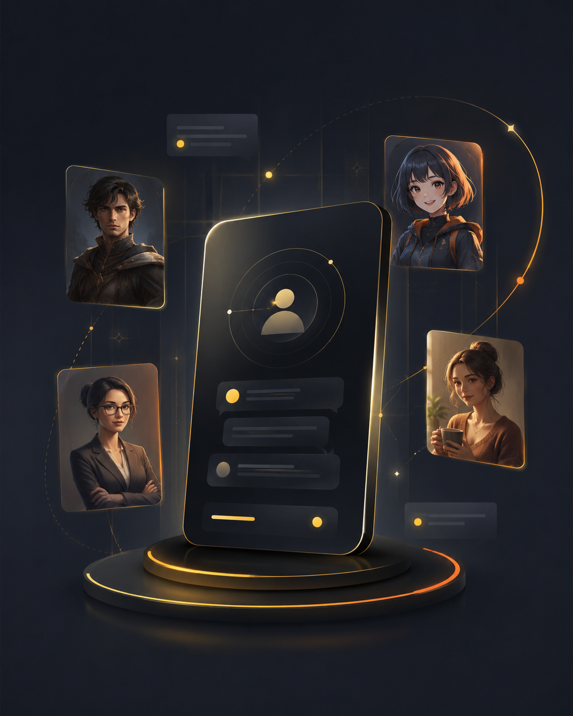 AI character chat interface with multiple virtual characters